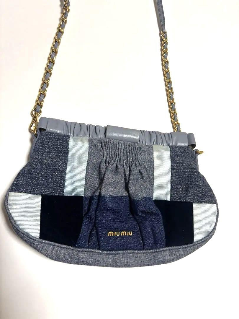 MIU MIU Shoulder Bag Purse Logo Denim Leather Navy Authentic