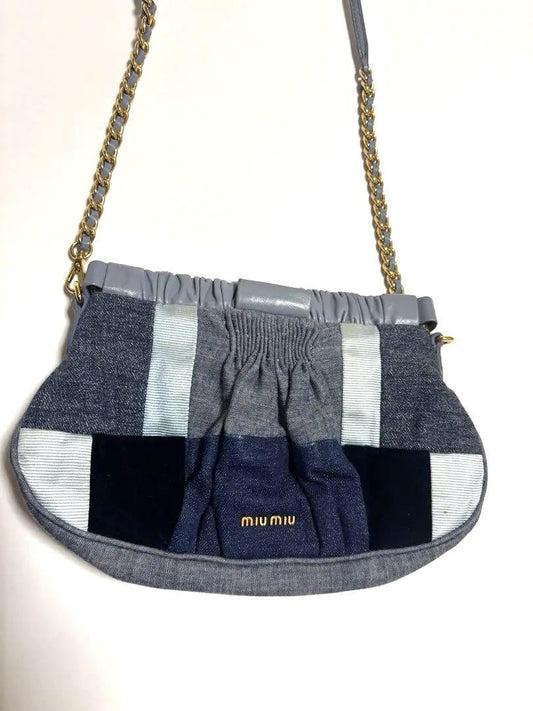 MIU MIU Shoulder Bag Purse Logo Denim Leather Navy Authentic