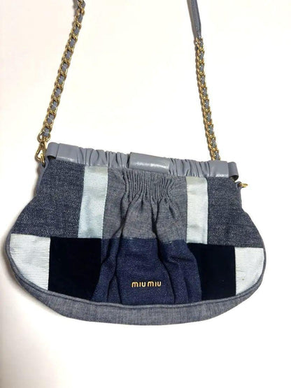 MIU MIU Shoulder Bag Purse Logo Denim Leather Navy Authentic