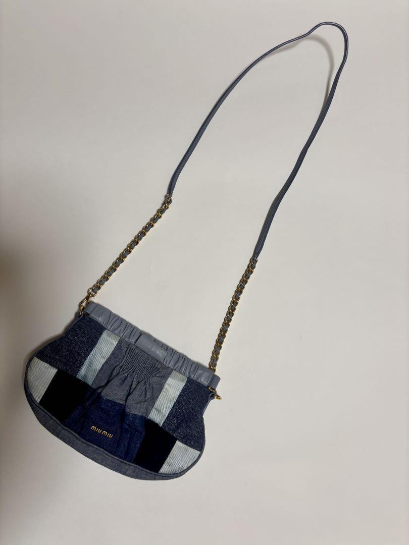 MIU MIU Shoulder Bag Purse Logo Denim Leather Navy Authentic
