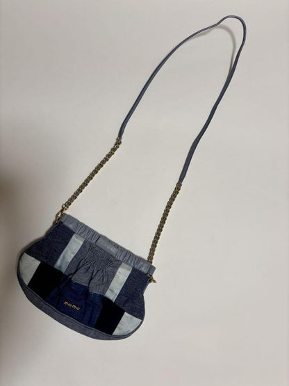 MIU MIU Shoulder Bag Purse Logo Denim Leather Navy Authentic