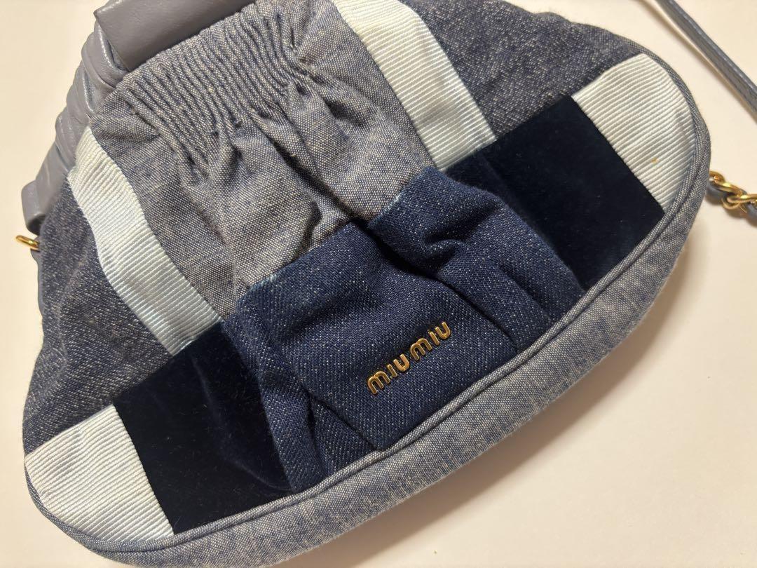 MIU MIU Shoulder Bag Purse Logo Denim Leather Navy Authentic