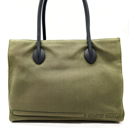 MIU MIU Hand Bag Tote Purse Logo Nylon Khaki Black Authentic