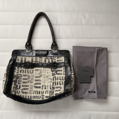 MIU MIU Hand Bag Tote Purse Logo Leather Canvas Authentic