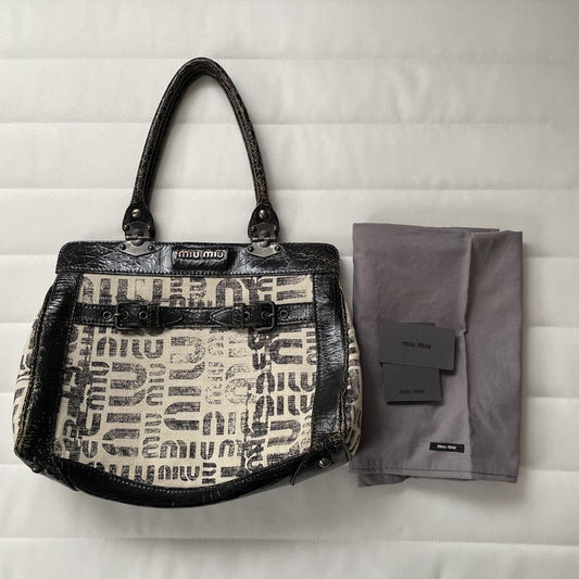 MIU MIU Hand Bag Tote Purse Logo Leather Canvas Authentic