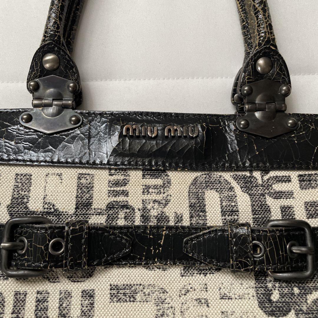MIU MIU Hand Bag Tote Purse Logo Leather Canvas Authentic