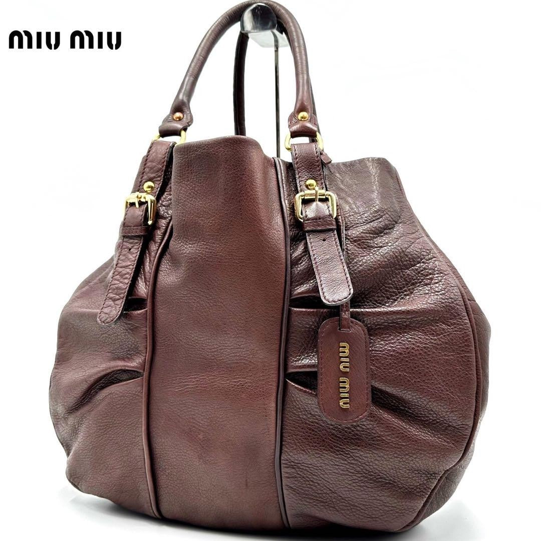 MIU MIU Hand Bag Tote Purse Logo Leather Brown Authentic