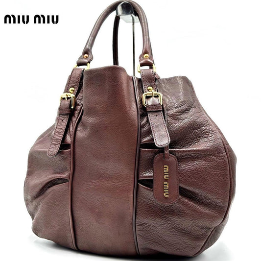MIU MIU Hand Bag Tote Purse Logo Leather Brown Authentic