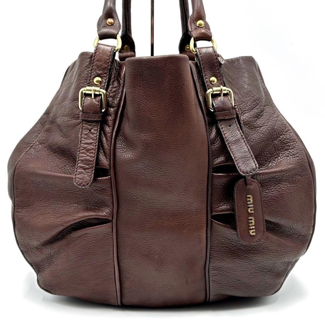 MIU MIU Hand Bag Tote Purse Logo Leather Brown Authentic