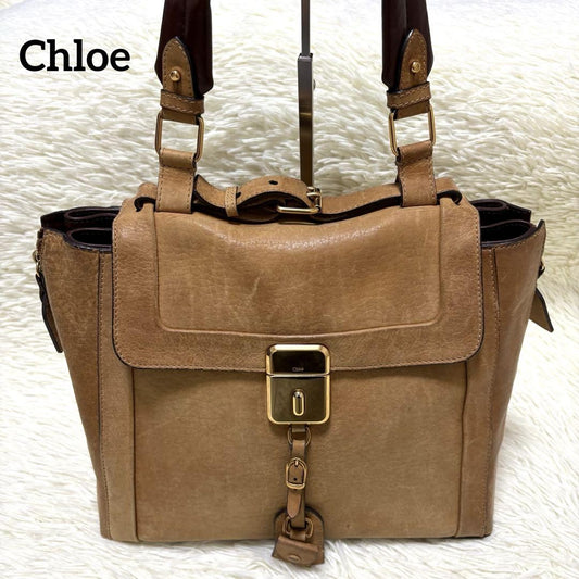Chloe Hand Shoulder Bag Tote Purse 2way Leather Camel Brown Authentic