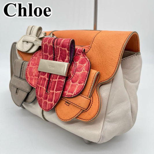 Chloe Clutch Bag Second Bag Hand Bag Leather Off White Orange Red Authentic