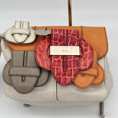 Chloe Clutch Bag Second Bag Hand Bag Leather Off White Orange Red Authentic