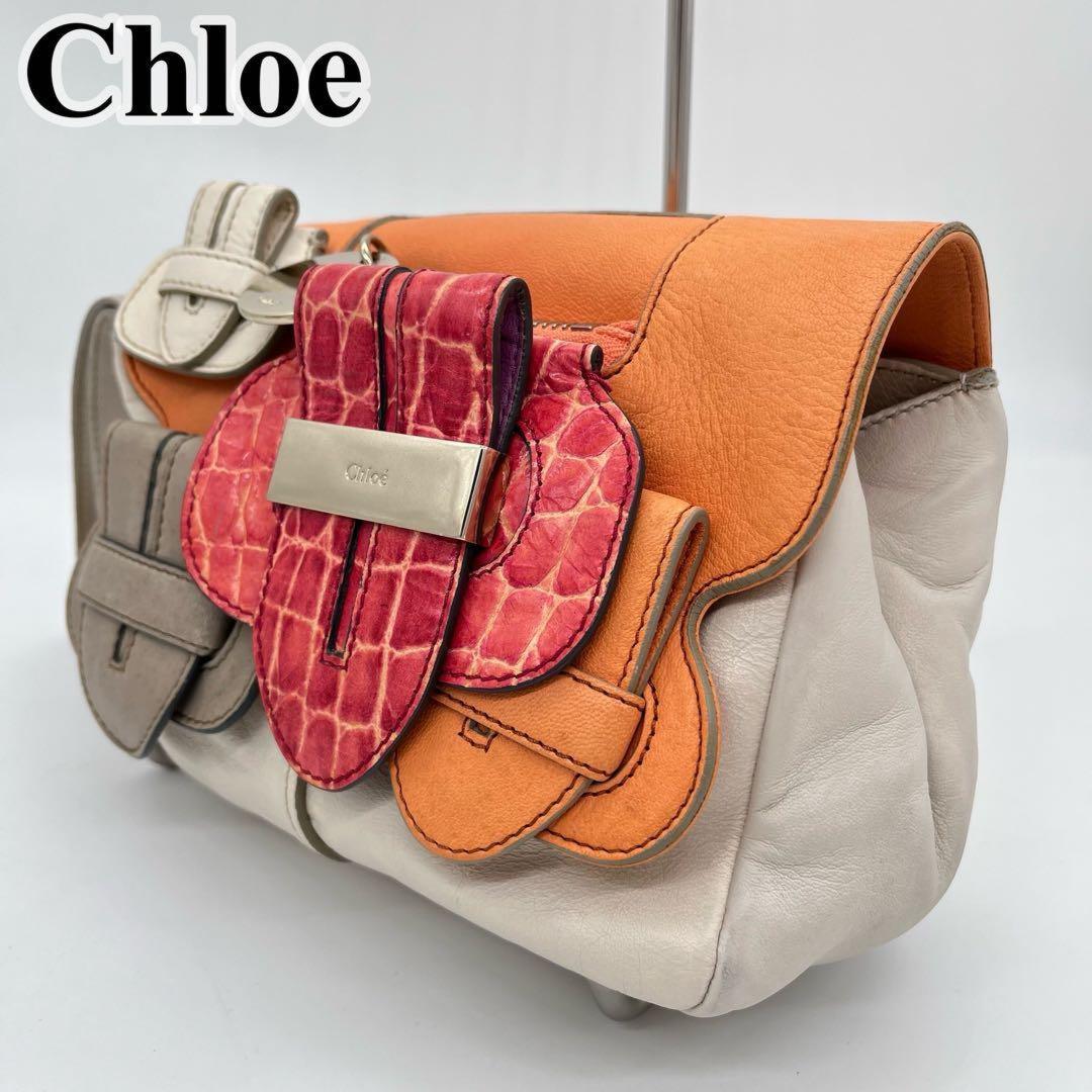 Chloe Clutch Bag Second Bag Hand Bag Leather Off White Orange Red Authentic