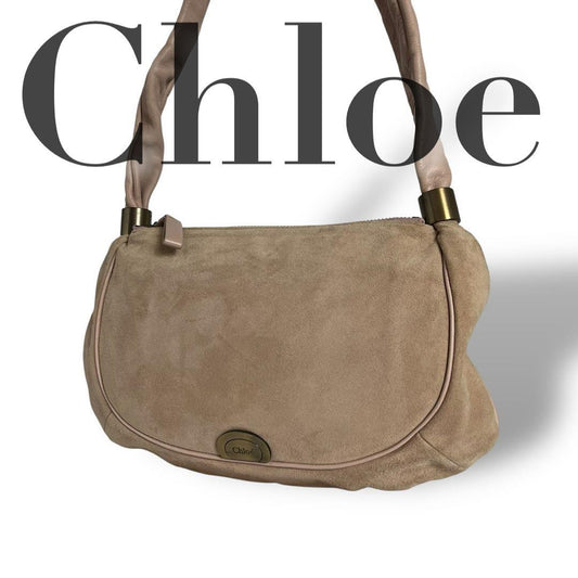 Chloe Shoulder Bag Purse Logo Suede Beige Authentic