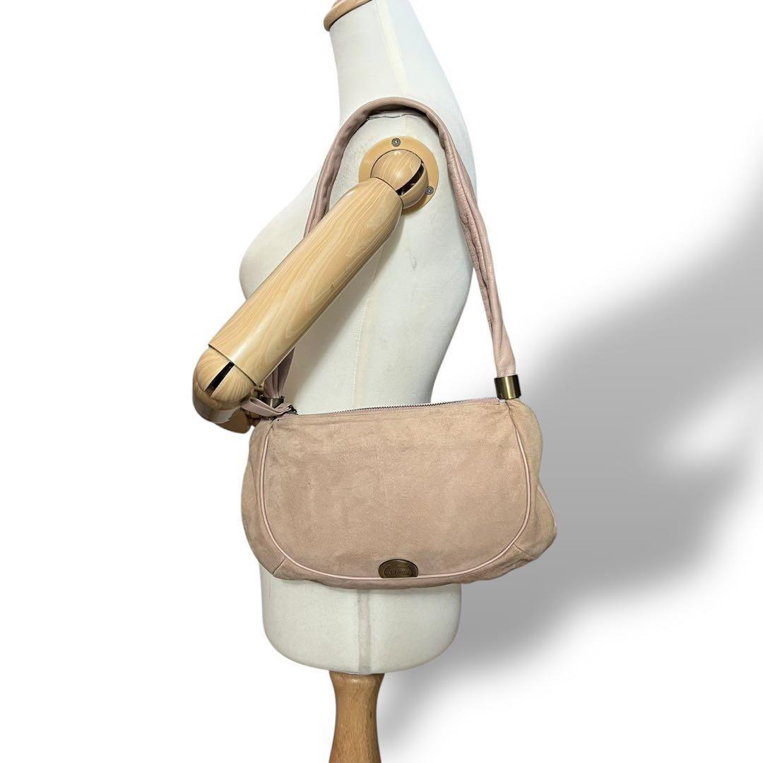 Chloe Shoulder Bag Purse Logo Suede Beige Authentic