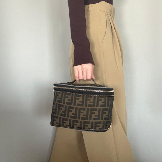 FENDI Vanity Bag Handbag Pouch FF Zucca Purse Canvas Brown Authentic Used Unisex