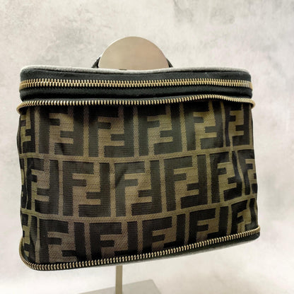FENDI Vanity Bag Handbag Pouch FF Zucca Purse Canvas Brown Authentic Used Unisex