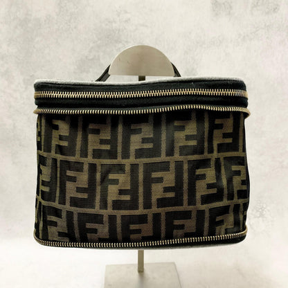 FENDI Vanity Bag Handbag Pouch FF Zucca Purse Canvas Brown Authentic Used Unisex