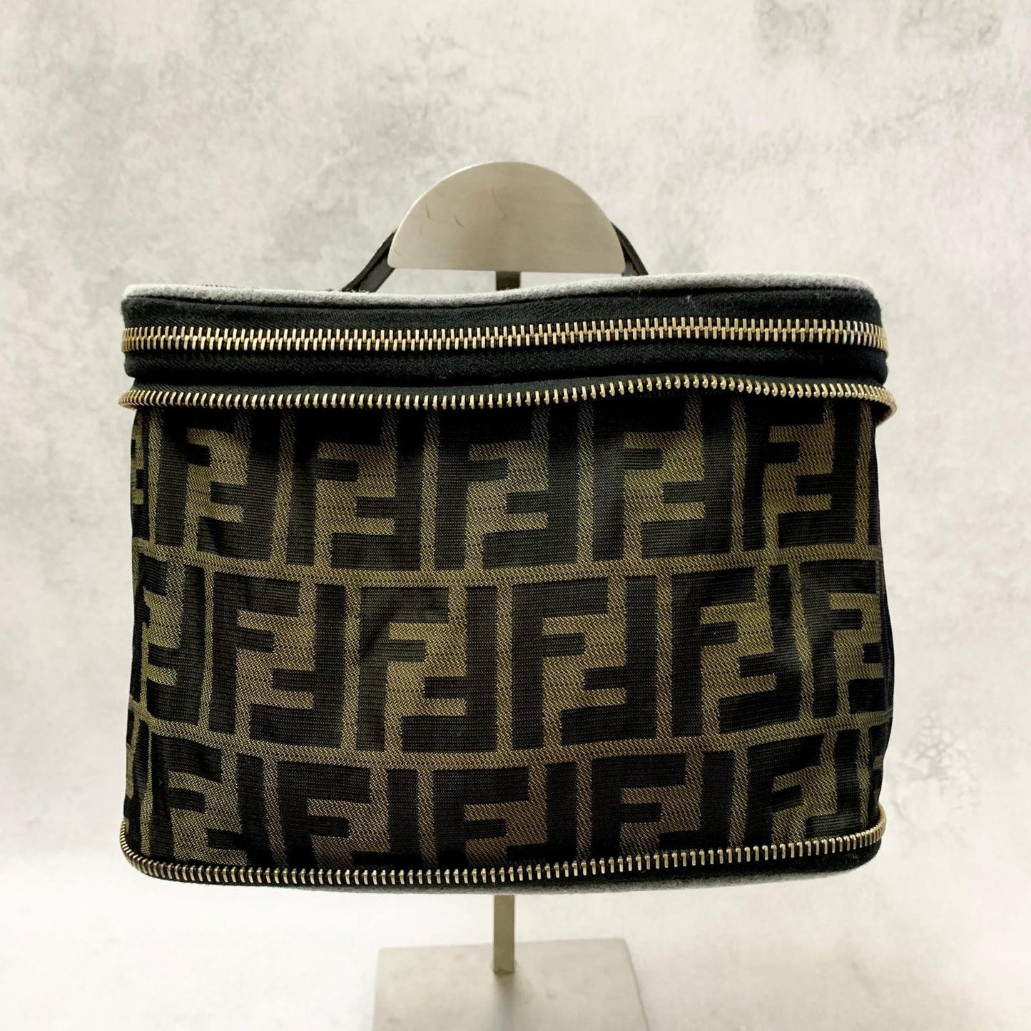 FENDI Vanity Bag Handbag Pouch FF Zucca Purse Canvas Brown Authentic Used Unisex