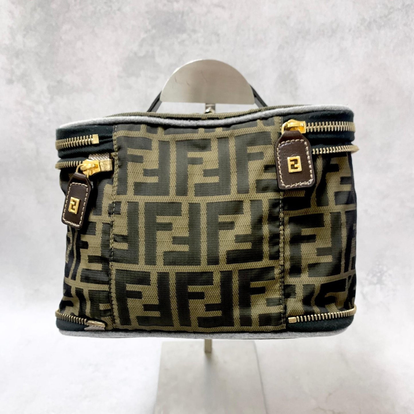 FENDI Vanity Bag Handbag Pouch FF Zucca Purse Canvas Brown Authentic Used Unisex
