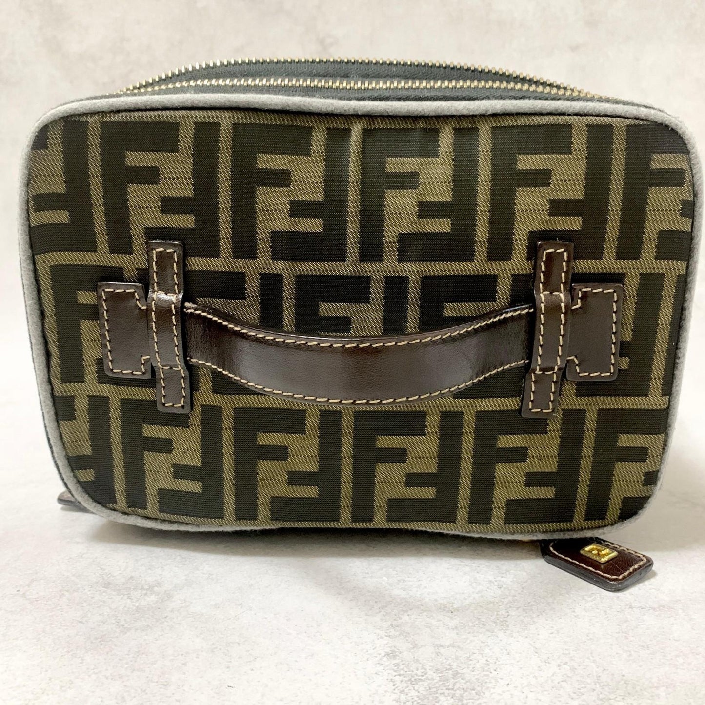 FENDI Vanity Bag Handbag Pouch FF Zucca Purse Canvas Brown Authentic Used Unisex