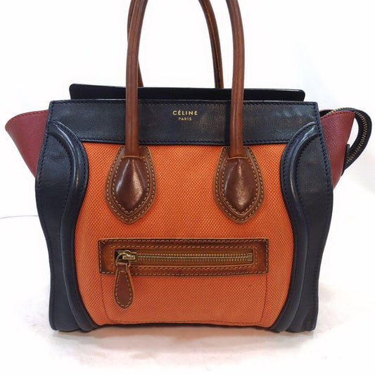 CELINE Hand Bag Tote Purse Leather Canvas Navy Brown Orange Authentic