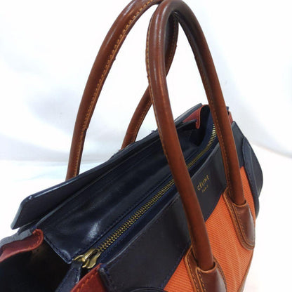 CELINE Hand Bag Tote Purse Leather Canvas Navy Brown Orange Authentic