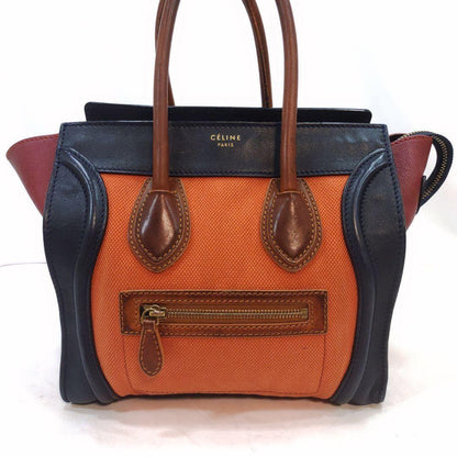 CELINE Hand Bag Tote Purse Leather Canvas Navy Brown Orange Authentic