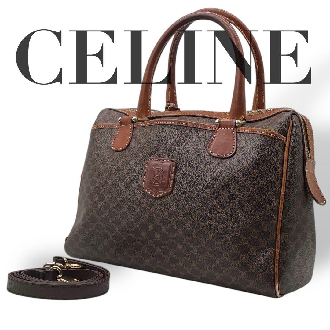CELINE Mini Boston Hand Bag Tote Purse 2way Macadam PVC Leather Brown Authentic