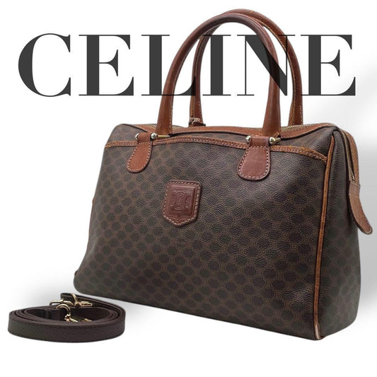 CELINE Mini Boston Hand Bag Tote Purse 2way Macadam PVC Leather Brown Authentic