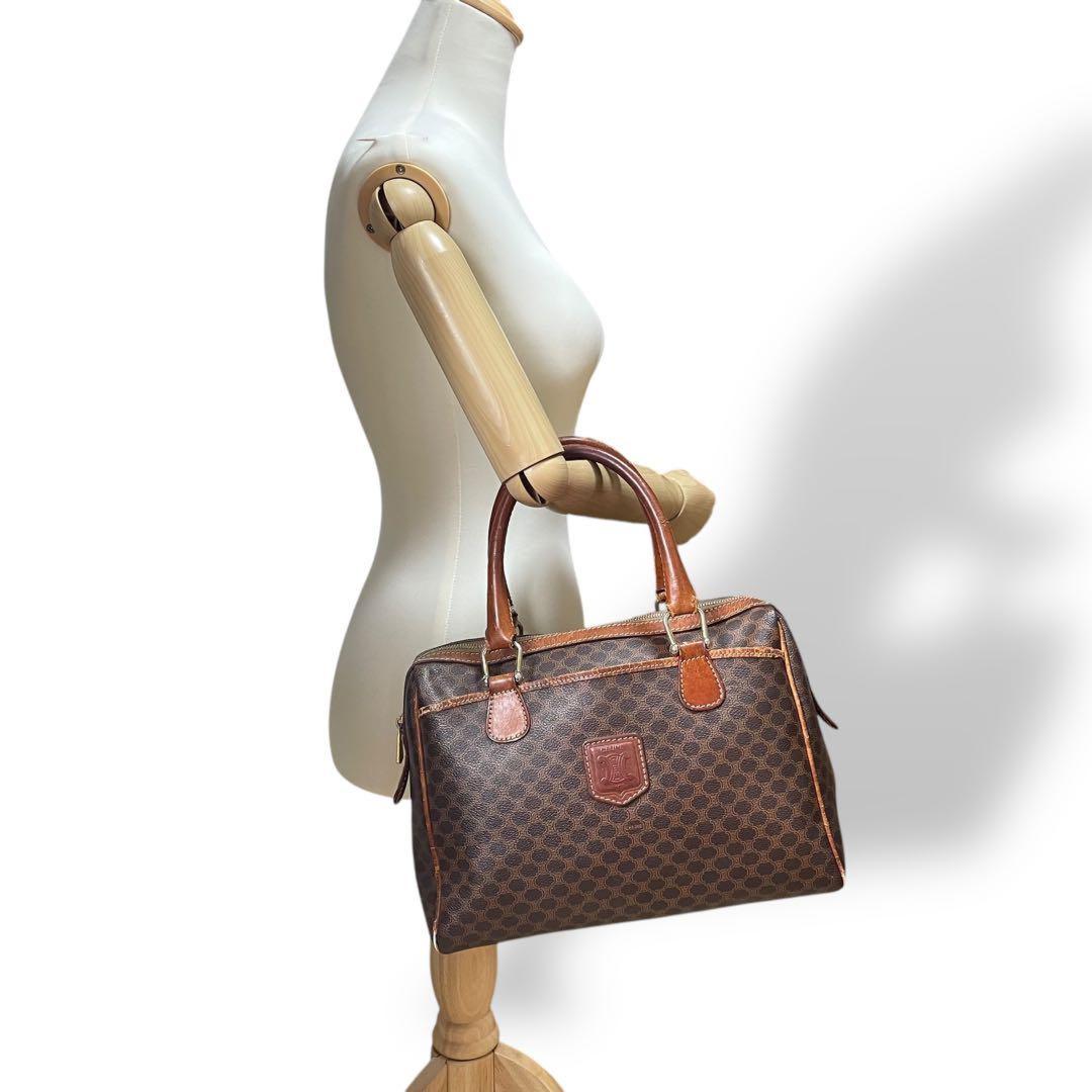 CELINE Mini Boston Hand Bag Tote Purse 2way Macadam PVC Leather Brown Authentic