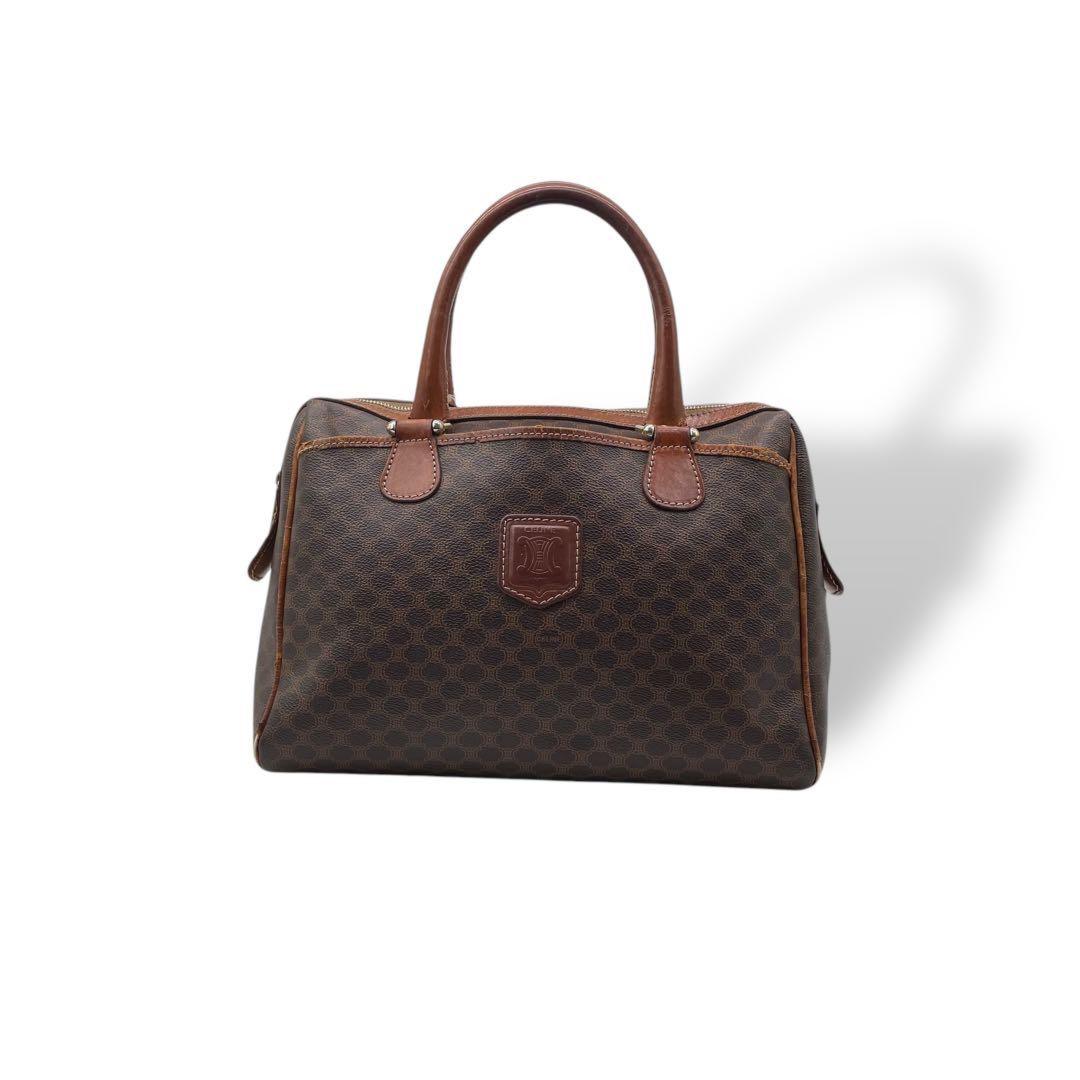 CELINE Mini Boston Hand Bag Tote Purse 2way Macadam PVC Leather Brown Authentic