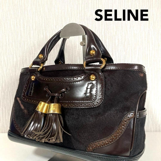CELINE Hand Bag Tote Purse Leather Dark Brown Authentic
