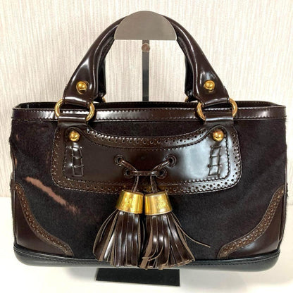 CELINE Hand Bag Tote Purse Leather Dark Brown Authentic