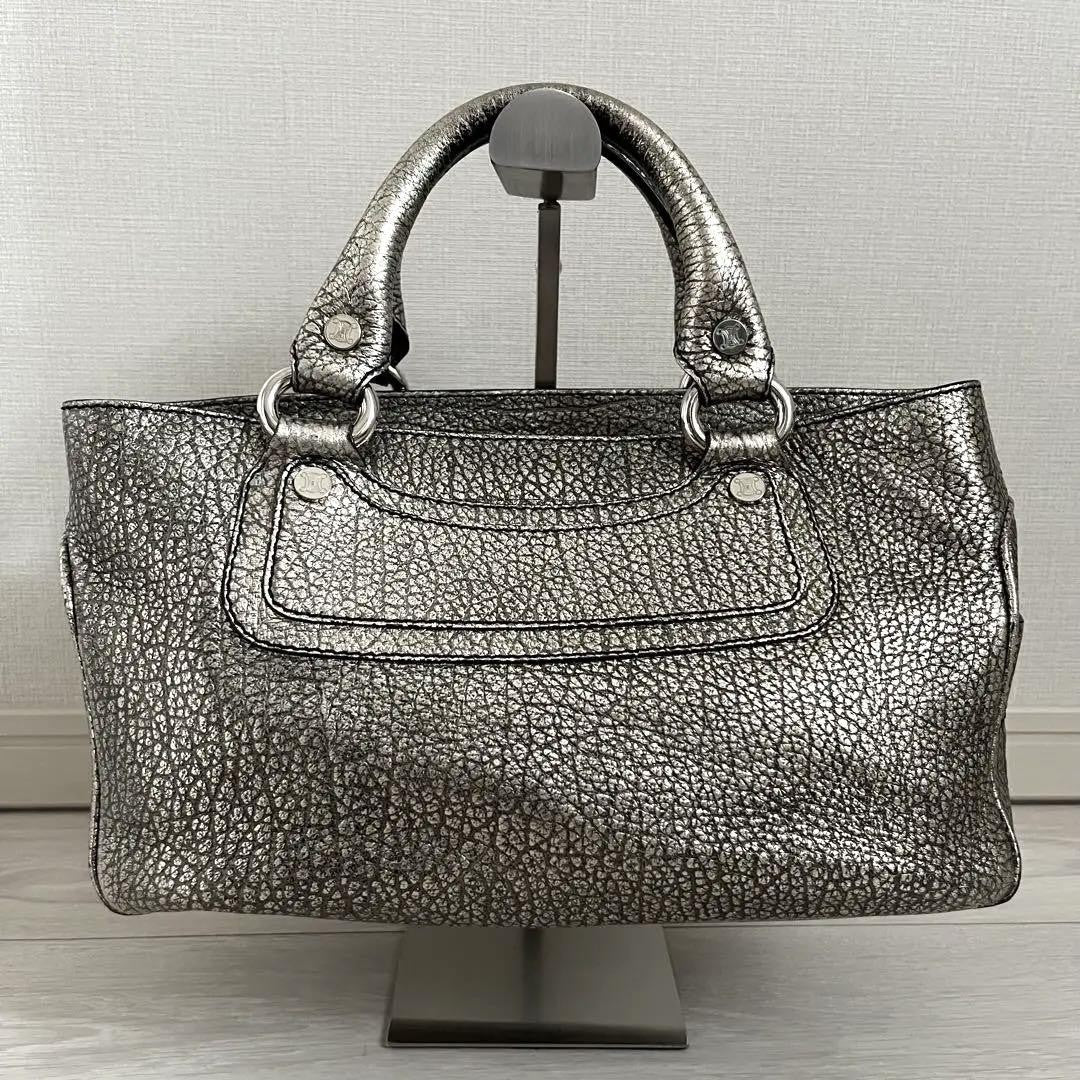 CELINE Hand Bag Tote Purse Boogie Leather Silver Authentic