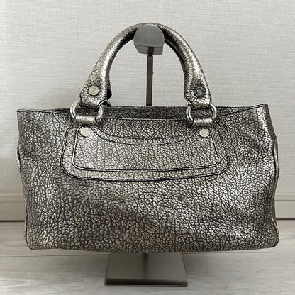CELINE Hand Bag Tote Purse Boogie Leather Silver Authentic