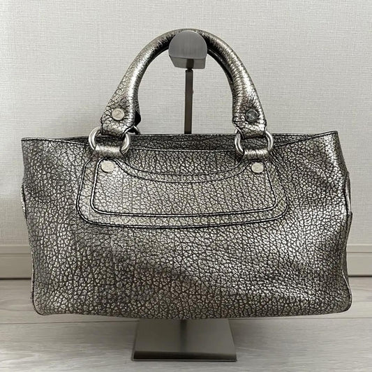 CELINE Hand Bag Tote Purse Boogie Leather Silver Authentic