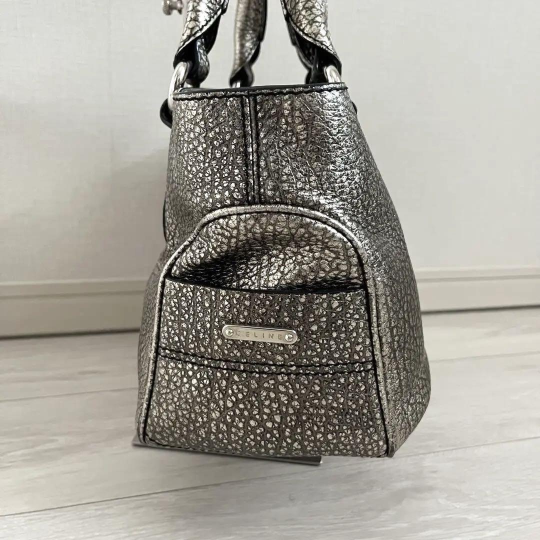 CELINE Hand Bag Tote Purse Boogie Leather Silver Authentic