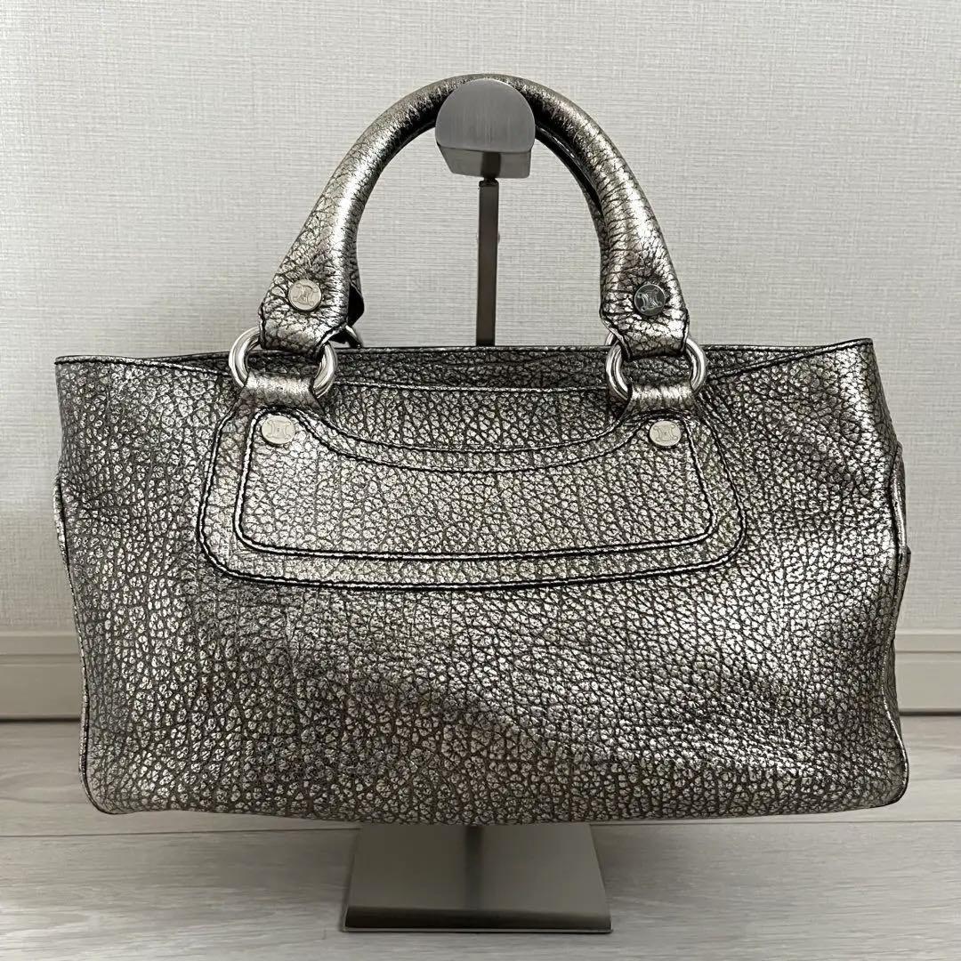 CELINE Hand Bag Tote Purse Boogie Leather Silver Authentic