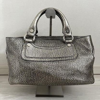 CELINE Hand Bag Tote Purse Boogie Leather Silver Authentic