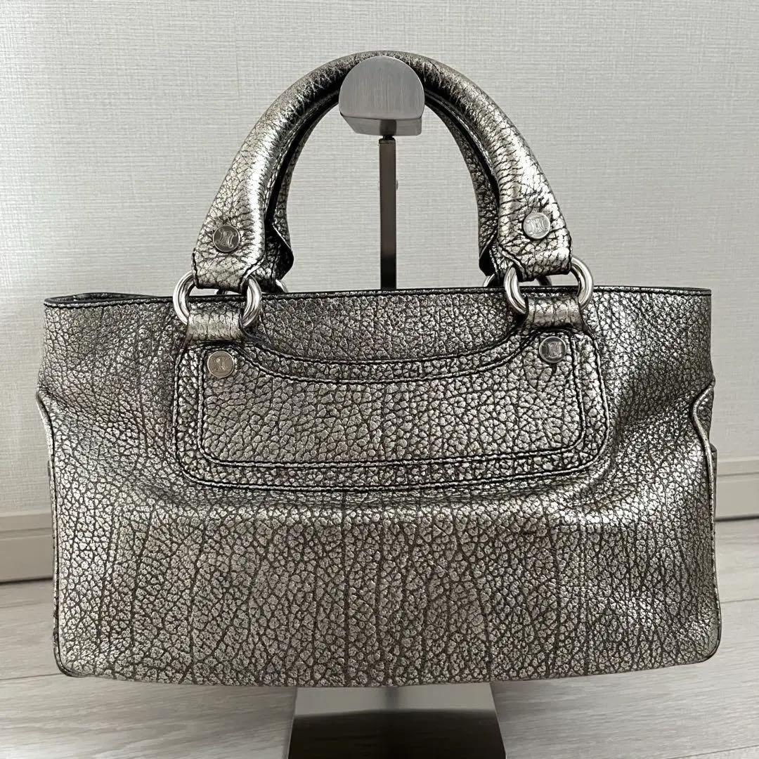 CELINE Hand Bag Tote Purse Boogie Leather Silver Authentic