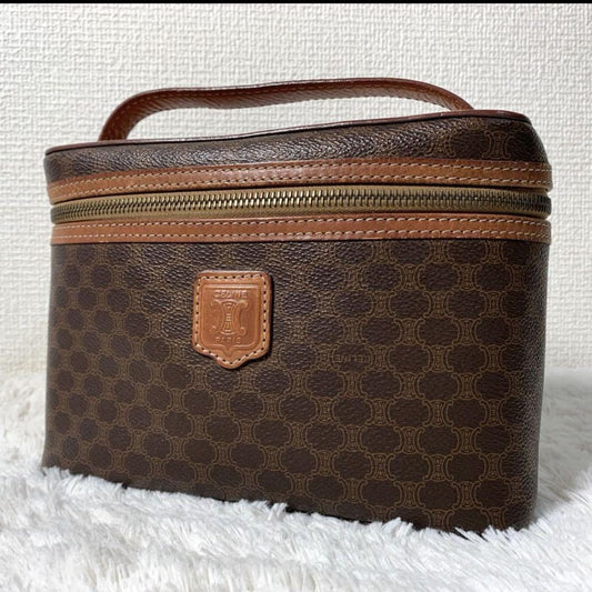 CELINE Vanity Bag Hand Tote Purse Macadam PVC Leather Brown Authentic