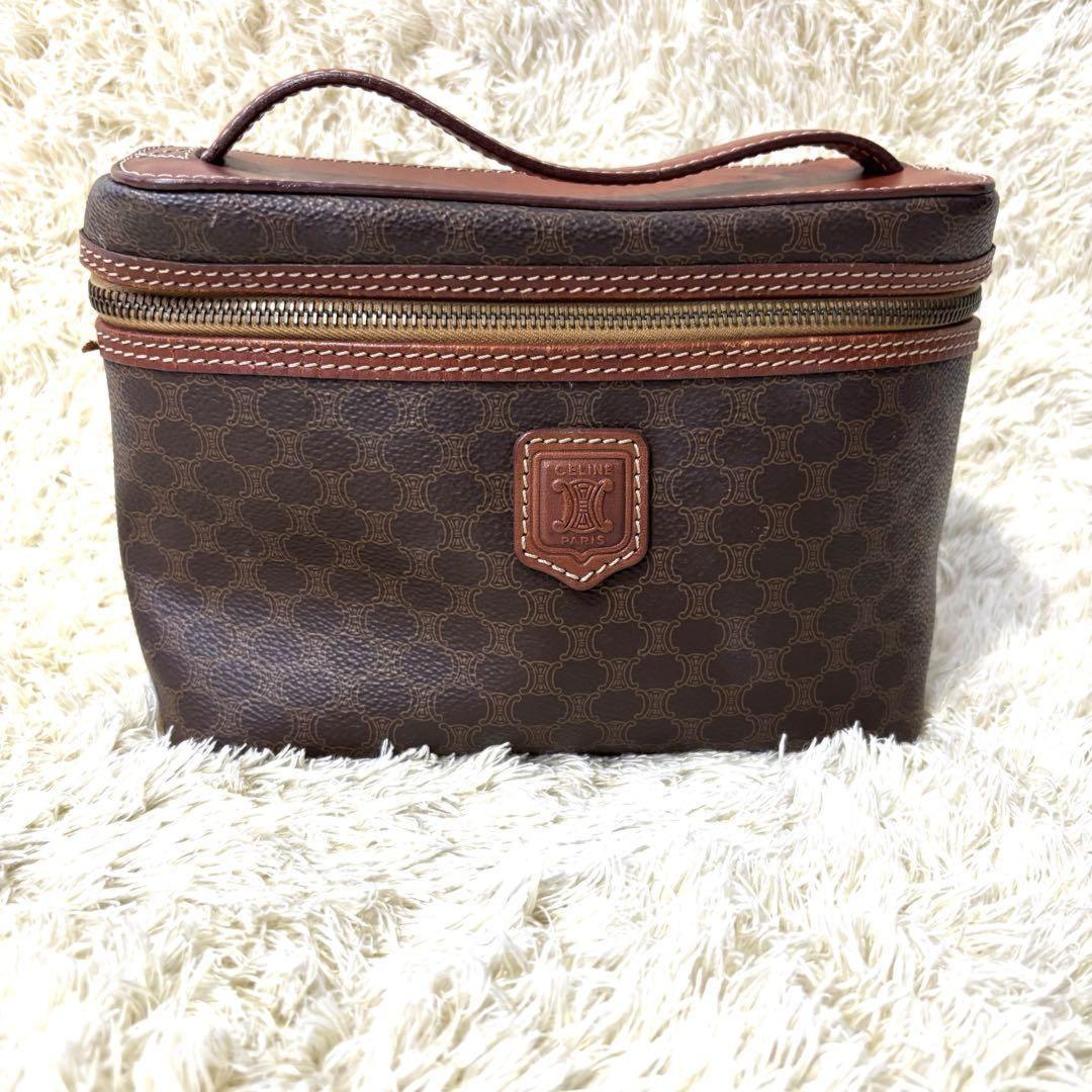 CELINE Vanity Bag Hand Tote Purse Macadam PVC Leather Brown Authentic