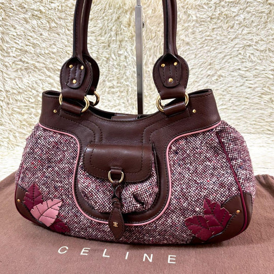 CELINE Hand Bag Tote Purse Tweed Leather Bordeaux Brown Authentic