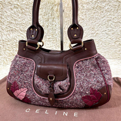CELINE Hand Bag Tote Purse Tweed Leather Bordeaux Brown Authentic