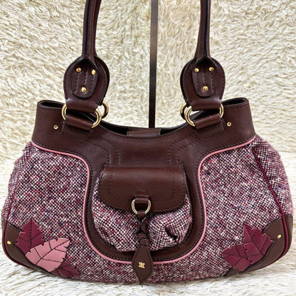 CELINE Hand Bag Tote Purse Tweed Leather Bordeaux Brown Authentic