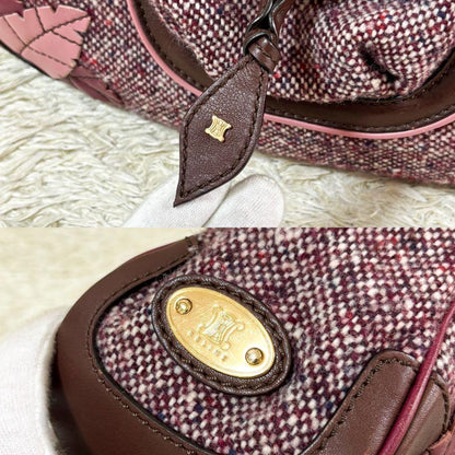 CELINE Hand Bag Tote Purse Tweed Leather Bordeaux Brown Authentic