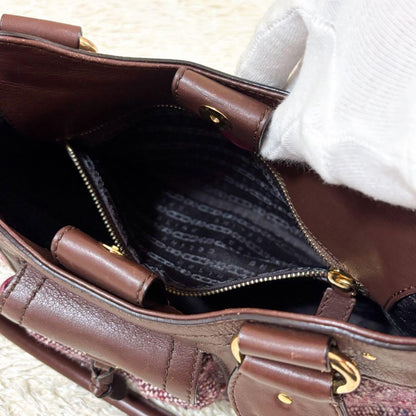CELINE Hand Bag Tote Purse Tweed Leather Bordeaux Brown Authentic