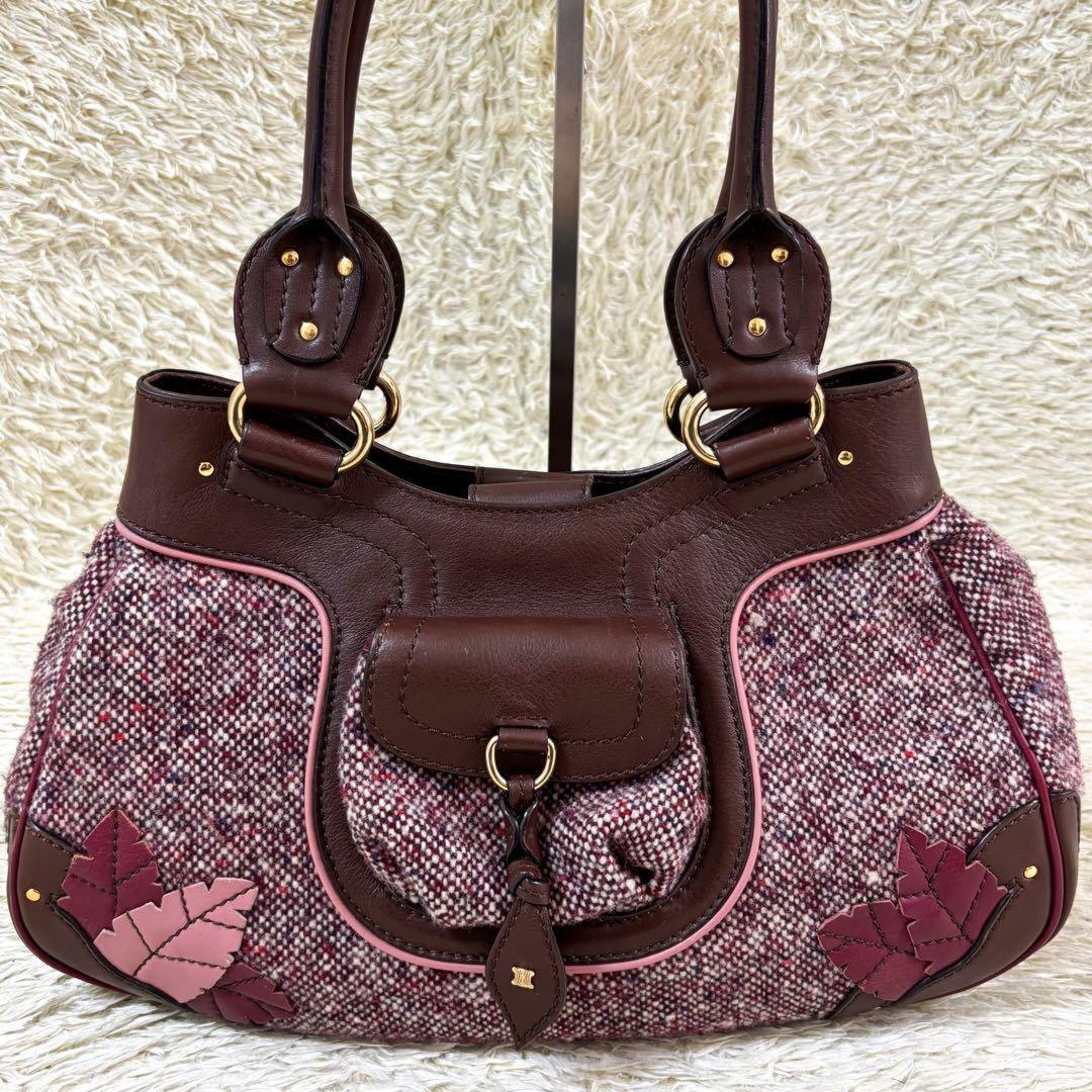 CELINE Hand Bag Tote Purse Tweed Leather Bordeaux Brown Authentic