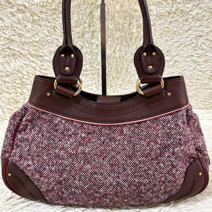CELINE Hand Bag Tote Purse Tweed Leather Bordeaux Brown Authentic